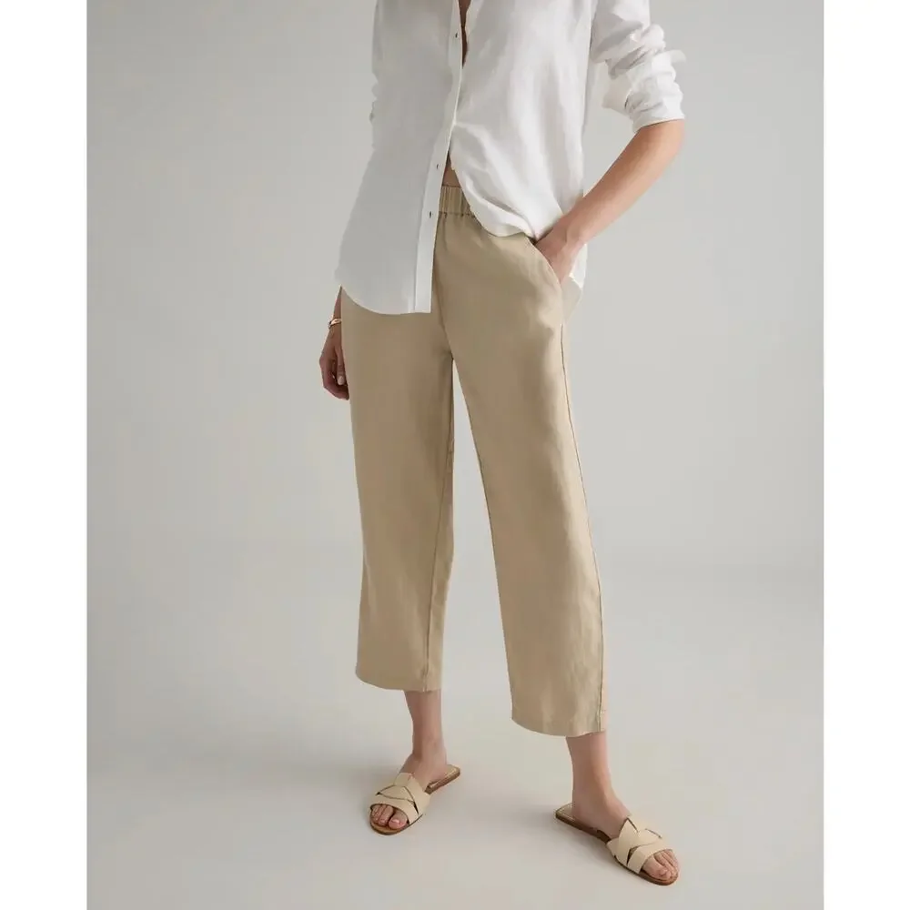 NWT Quince 100% European Linen Driftwood Beige Tan Pull On Pants Size Small